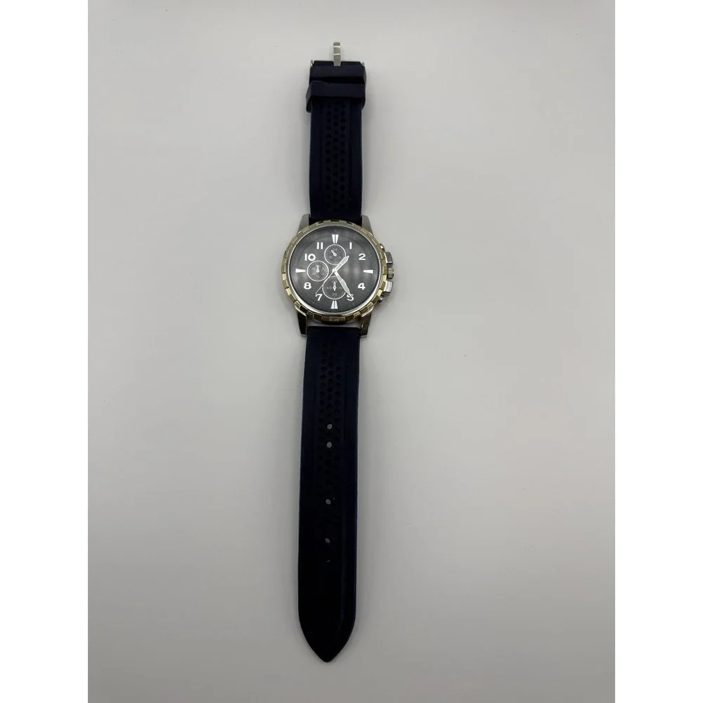 Men's Watch Chronograph Style Blue Rubber Strap Silver Gold Tone Quartz New